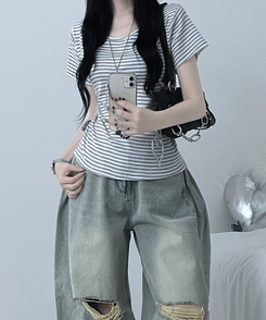 ストライプラウンド半袖Tシャツ GRAY