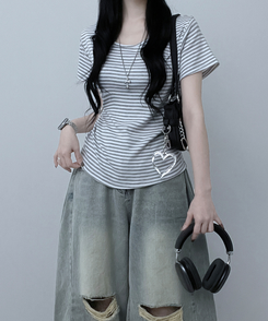 ストライプラウンド半袖Tシャツ GRAY