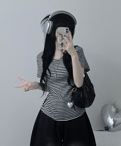 ストライプラウンド半袖Tシャツ BLACK