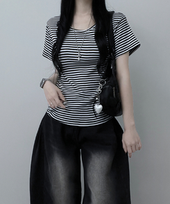 ストライプラウンド半袖Tシャツ BLACK