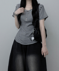 ストライプラウンド半袖Tシャツ BLACK