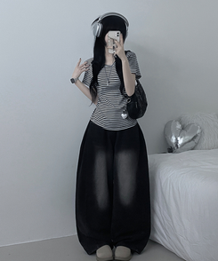 ストライプラウンド半袖Tシャツ BLACK