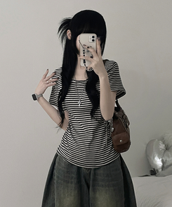 ストライプラウンド半袖Tシャツ DEEP BROWN