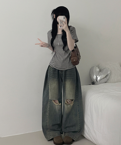 ストライプラウンド半袖Tシャツ DEEP BROWN