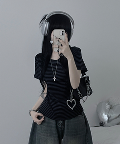 ストライプラウンド半袖Tシャツ CHARCOAL