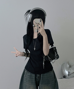 ストライプラウンド半袖Tシャツ CHARCOAL