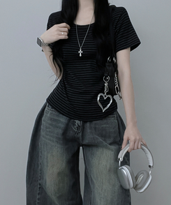 ストライプラウンド半袖Tシャツ CHARCOAL