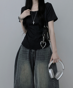 ストライプラウンド半袖Tシャツ CHARCOAL