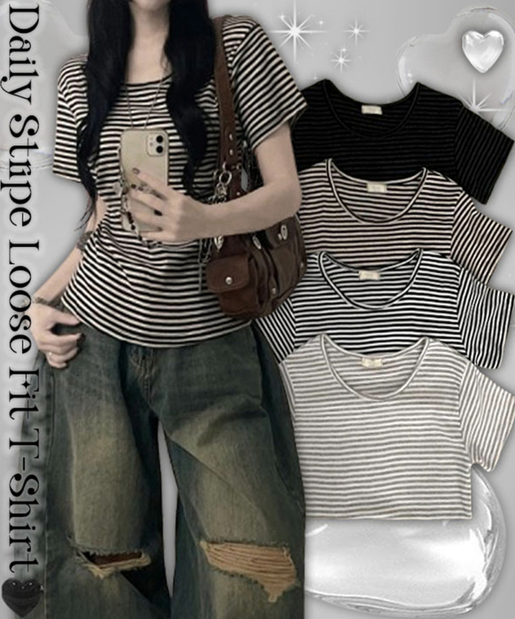 ストライプラウンド半袖Tシャツ GRAY