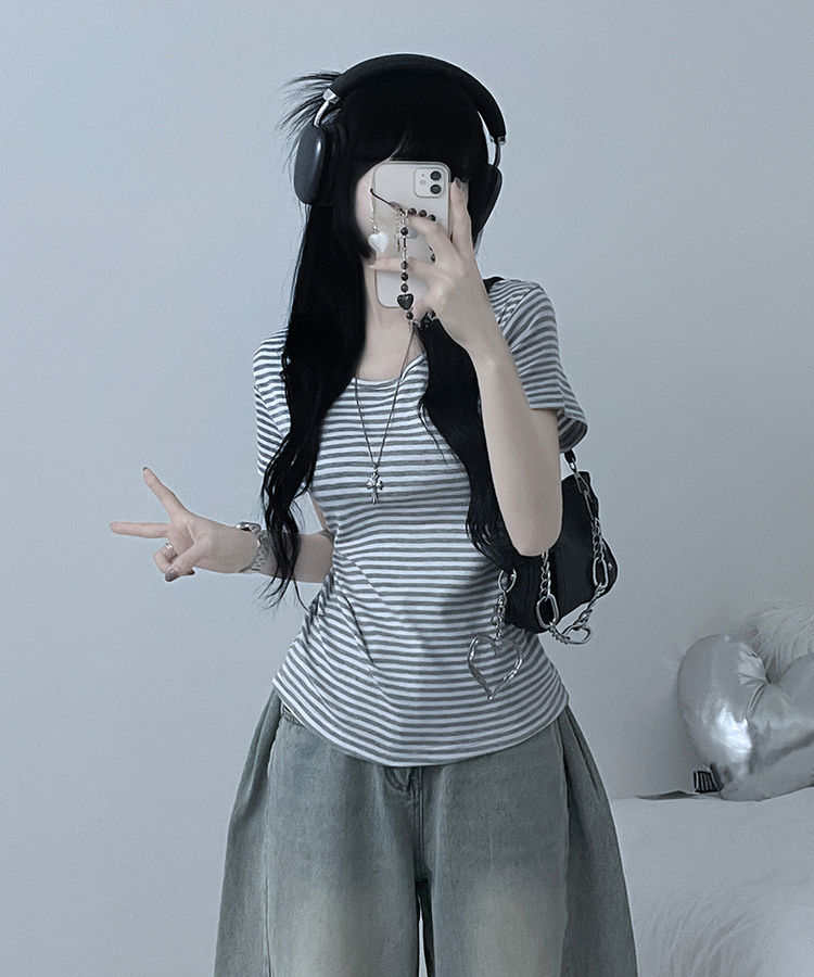 ストライプラウンド半袖Tシャツ GRAY