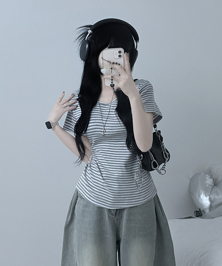 ストライプラウンド半袖Tシャツ GRAY