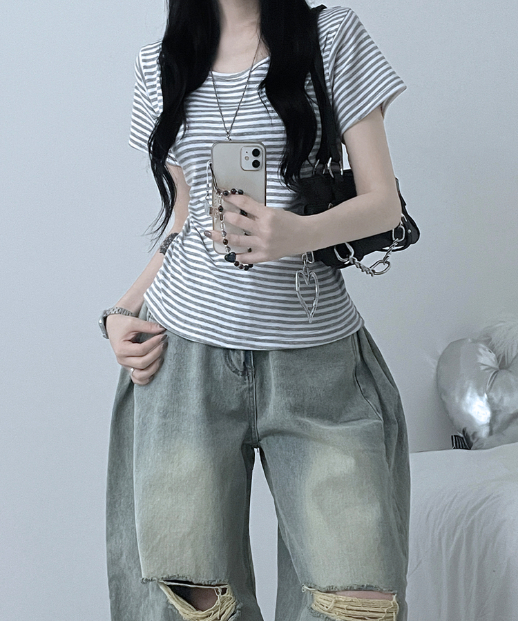 ストライプラウンド半袖Tシャツ GRAY