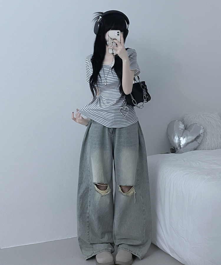 ストライプラウンド半袖Tシャツ GRAY