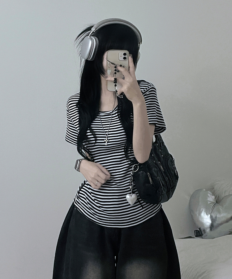 ストライプラウンド半袖Tシャツ BLACK