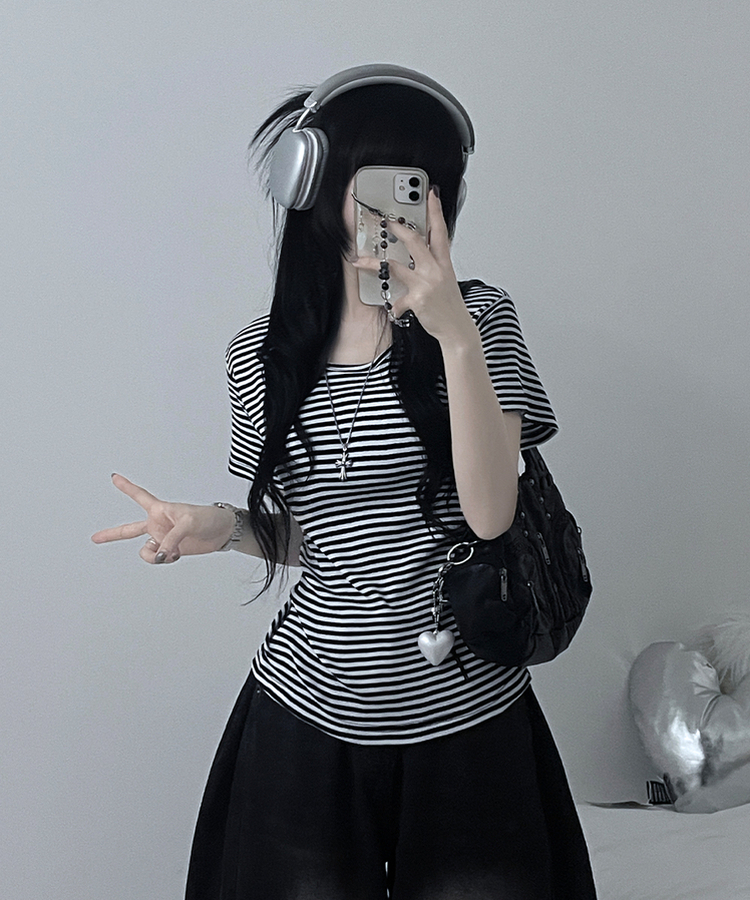 ストライプラウンド半袖Tシャツ BLACK