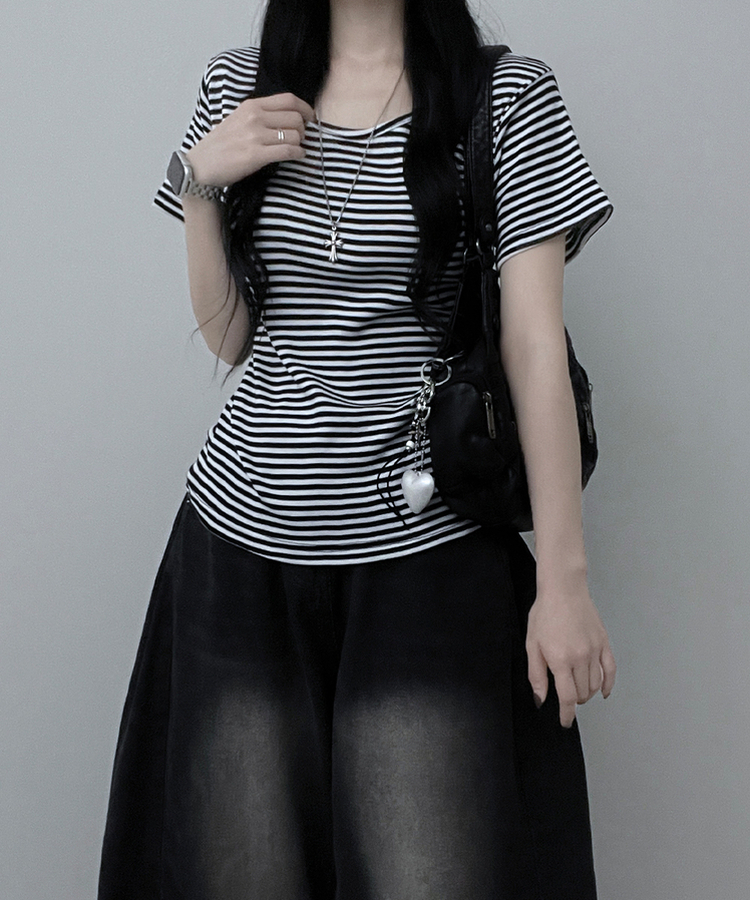 ストライプラウンド半袖Tシャツ BLACK