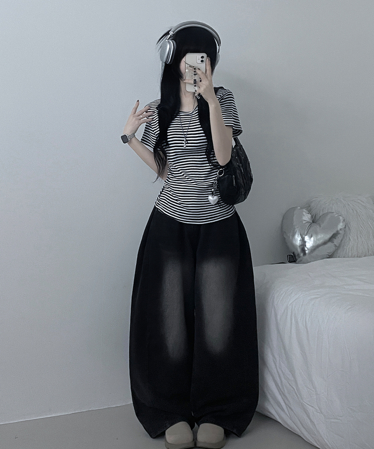 ストライプラウンド半袖Tシャツ BLACK