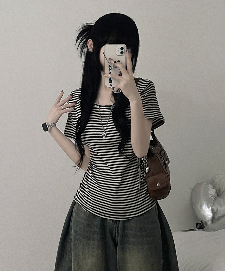 ストライプラウンド半袖Tシャツ DEEP BROWN