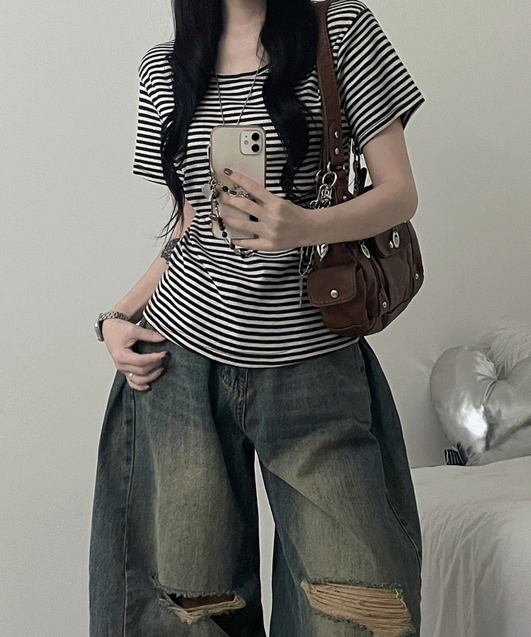 ストライプラウンド半袖Tシャツ DEEP BROWN