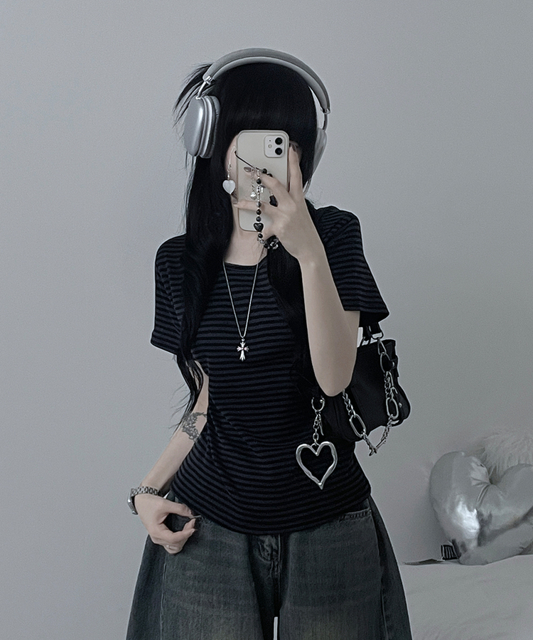 ストライプラウンド半袖Tシャツ CHARCOAL