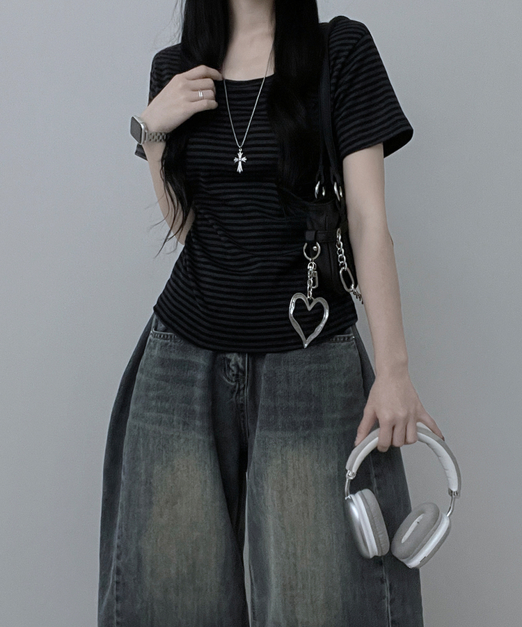 ストライプラウンド半袖Tシャツ CHARCOAL