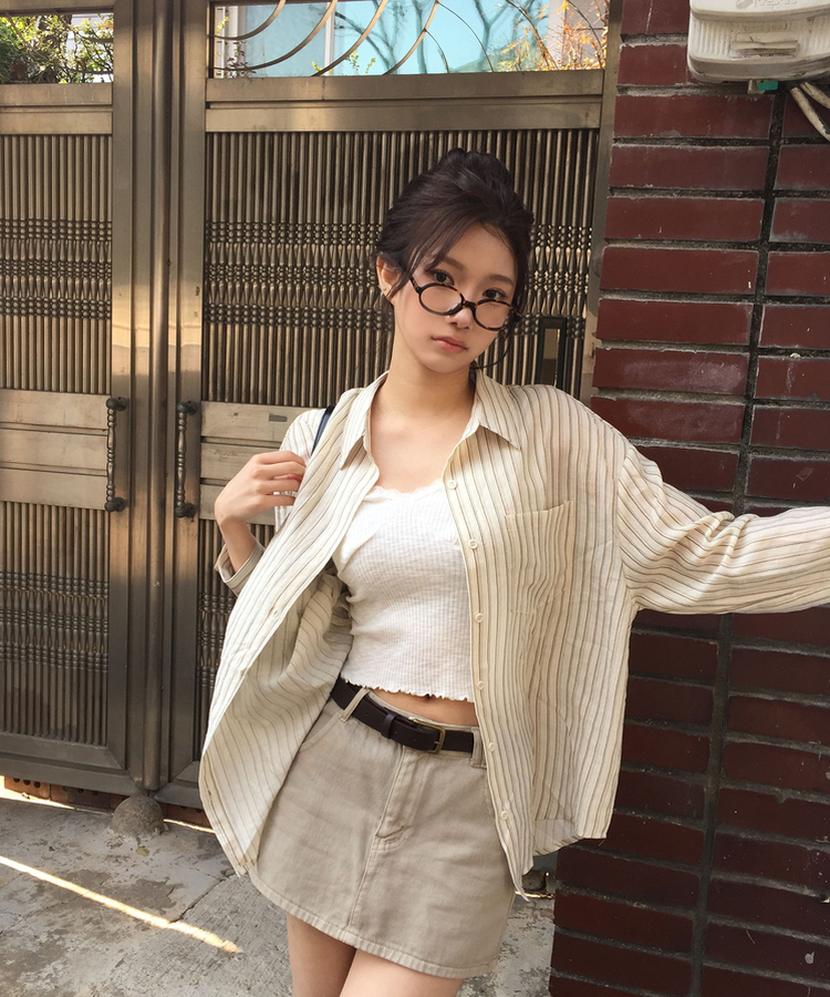 marimekko ストライプ ロングシャツ ベージュ ベージュのロングストライプシャツ No.222 シャツ Mauve pink