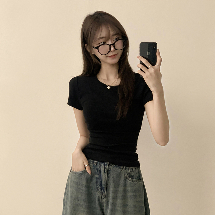 セミクロップ無地半袖Tシャツ(6color) BLACK