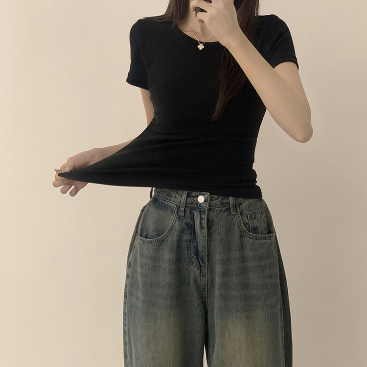 セミクロップ無地半袖Tシャツ(6color) BLACK