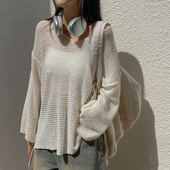 ニット シースルーオーバーロングニット(6color) IVORY