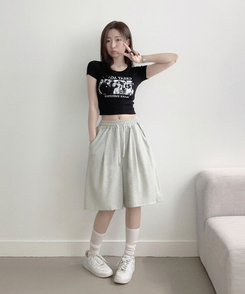 아두 핀턱 버뮤다 와이드 트레이닝 밴딩 숏 7부바지 오트밀