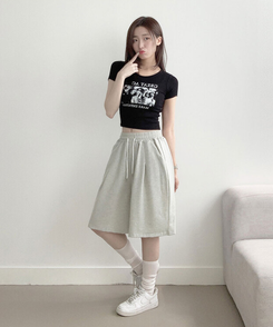 아두 핀턱 버뮤다 와이드 트레이닝 밴딩 숏 7부바지 오트밀