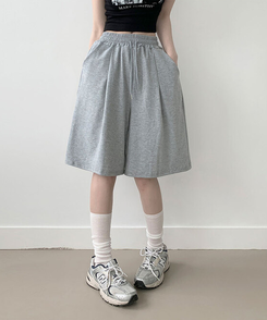 아두 핀턱 버뮤다 와이드 트레이닝 밴딩 숏 7부바지 그레이