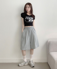 아두 핀턱 버뮤다 와이드 트레이닝 밴딩 숏 7부바지 그레이