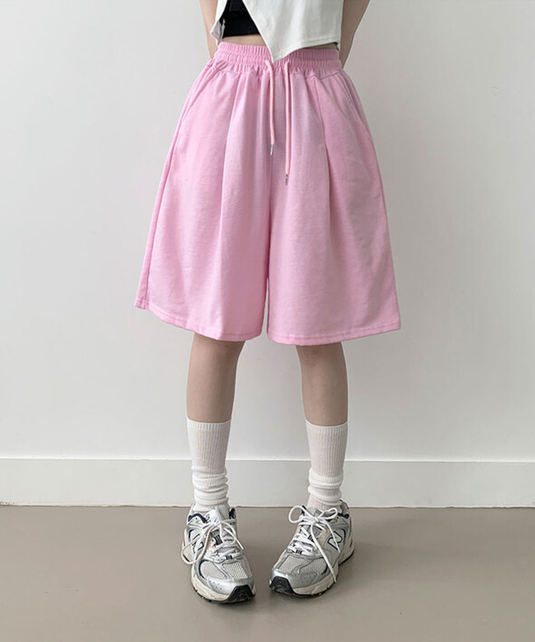 아두 핀턱 버뮤다 와이드 트레이닝 밴딩 숏 7부바지 핑크