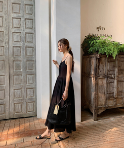 ロングワンピース ビスチェコットンロングワンピース BLACK