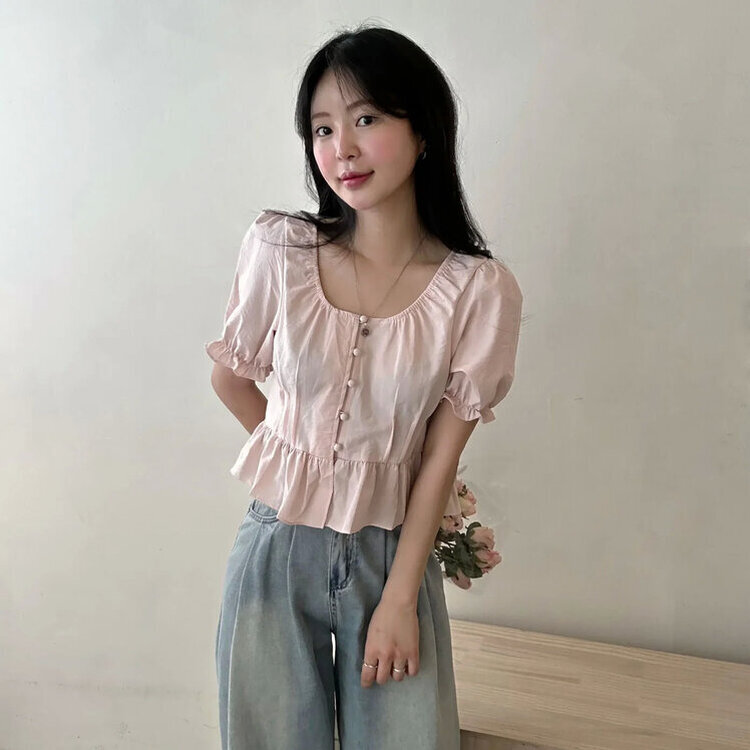 フリルコットンスクエア半袖ブラウス｜ブラウス｜韓国