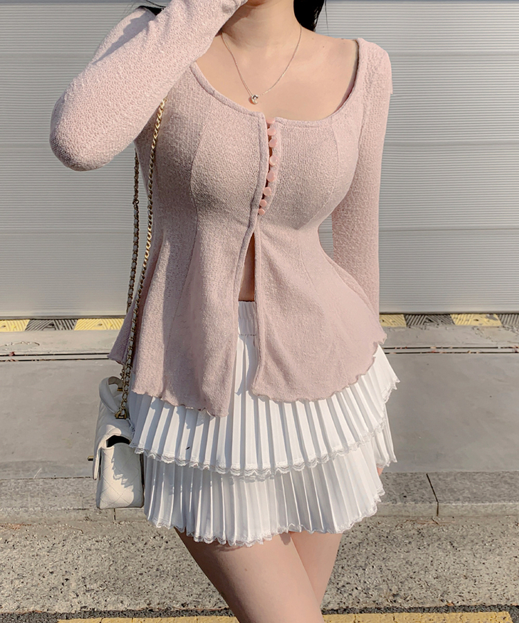 【タイ付き】ボタンスリットフリルブラウス PINK
