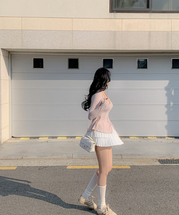 【タイ付き】ボタンスリットフリルブラウス PINK