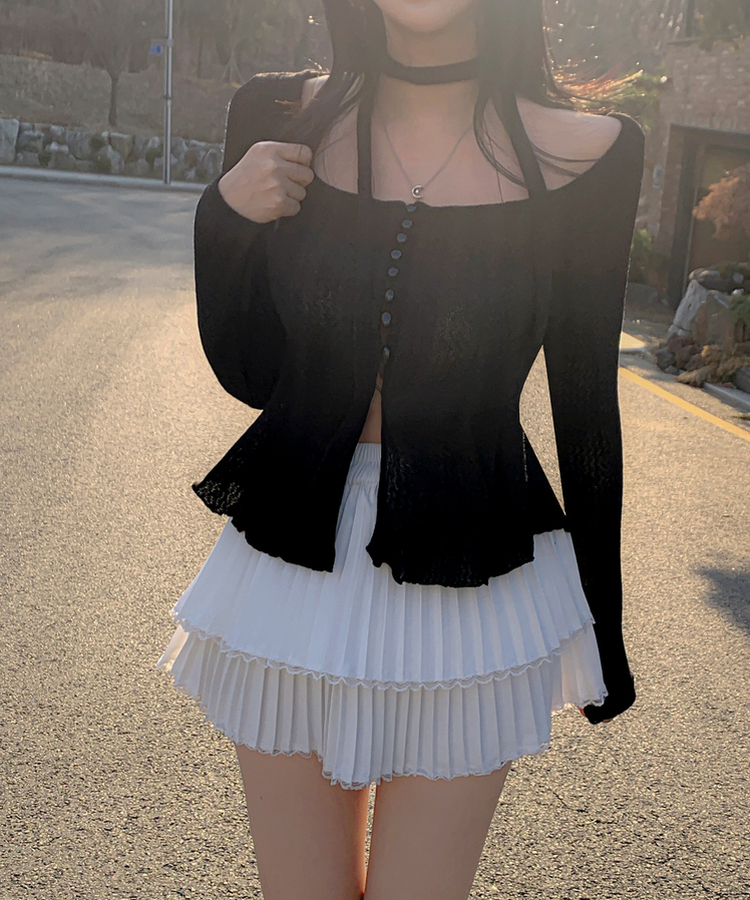 【タイ付き】ボタンスリットフリルブラウス BLACK