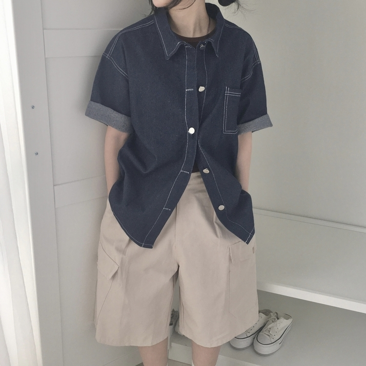남여공용 박시 데님 반팔 남방 셔츠 오버핏 청남방 진청