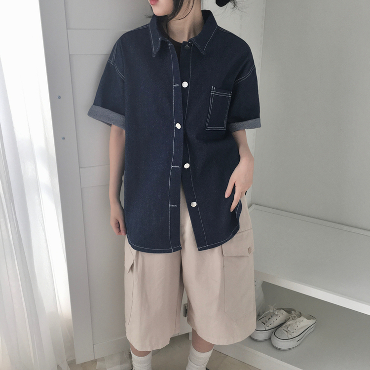 남여공용 박시 데님 반팔 남방 셔츠 오버핏 청남방 진청