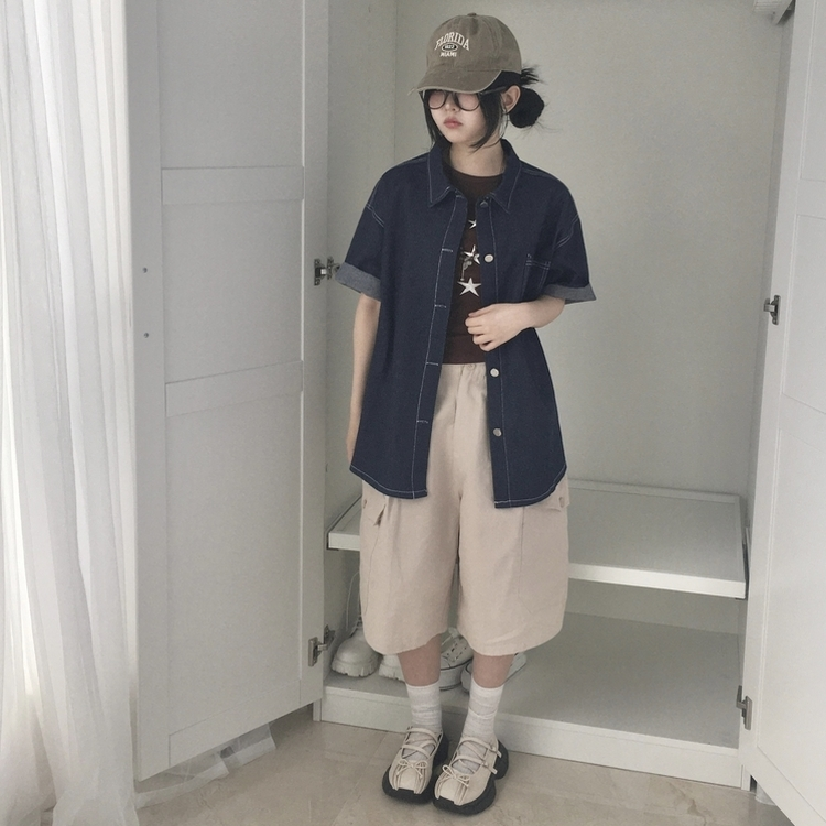 남여공용 박시 데님 반팔 남방 셔츠 오버핏 청남방 진청