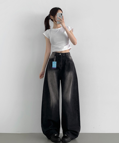 デニム 【丈別】ウォッシングバルーンワイドデニムパンツ(5color) BLACK DENIM