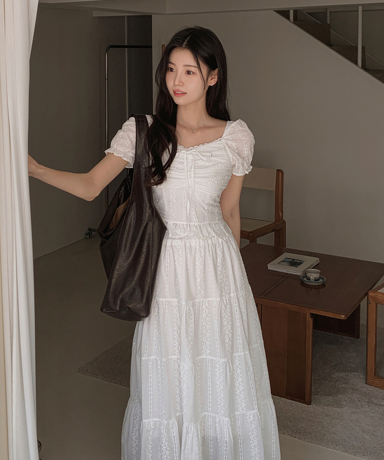 SOP28213 【SET】パンチング刺繍リボンブラウス ロングスカート  