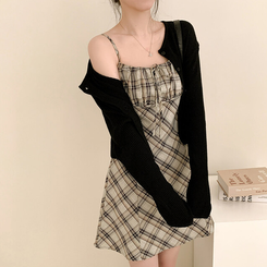 ミニワンピース チェックリボンビスチェワンピース BLACK