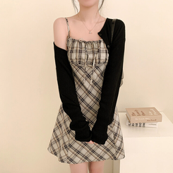 ミニワンピース チェックリボンビスチェワンピース BLACK