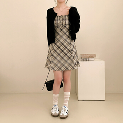 ミニワンピース チェックリボンビスチェワンピース BLACK