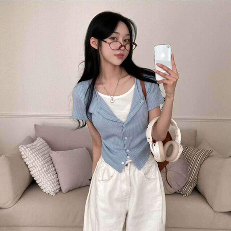 론지 옆셔링 골지 반팔 일체형 반팔 가디건 티셔츠 소라