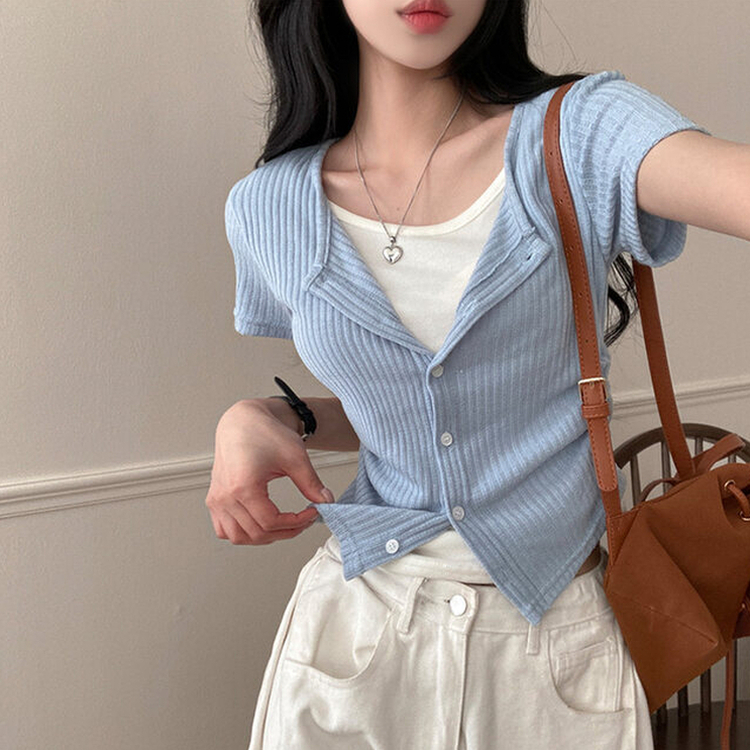 론지 옆셔링 골지 반팔 일체형 반팔 가디건 티셔츠 소라