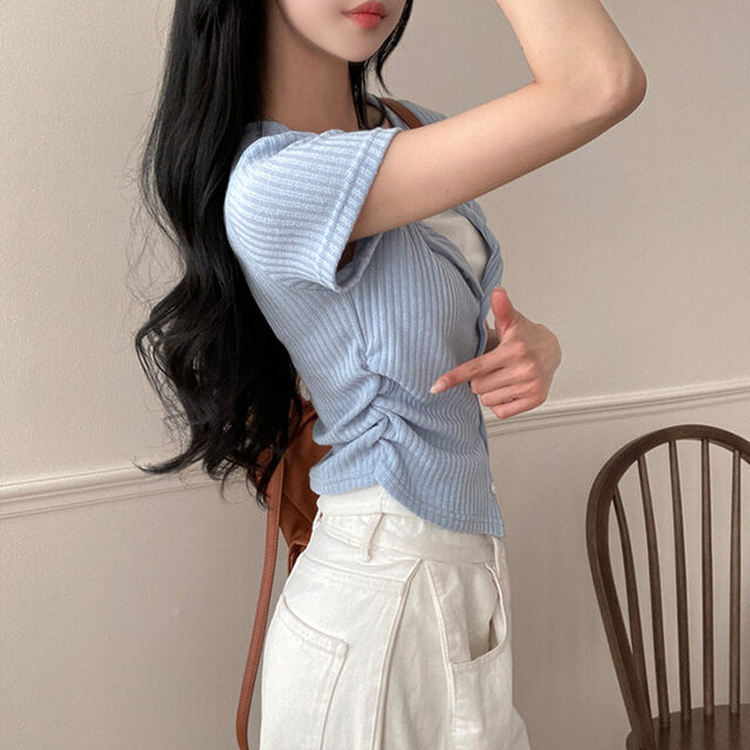 론지 옆셔링 골지 반팔 일체형 반팔 가디건 티셔츠 소라